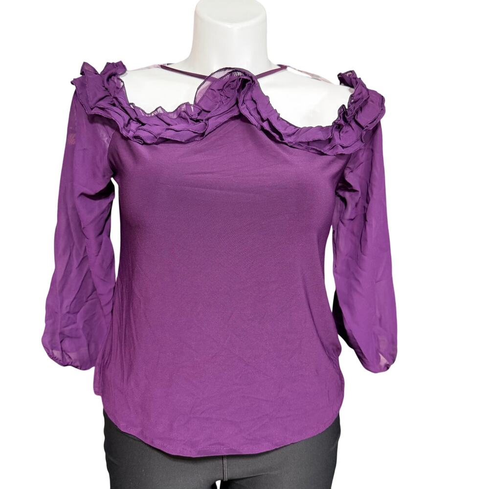 Perseption Concept Womens Blouse Ruffle Cold Shoulder Sheer Sleeve Purple Large